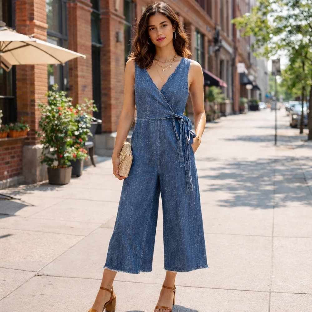 Anthropologie Denim Blue Wrap Jumpsuit